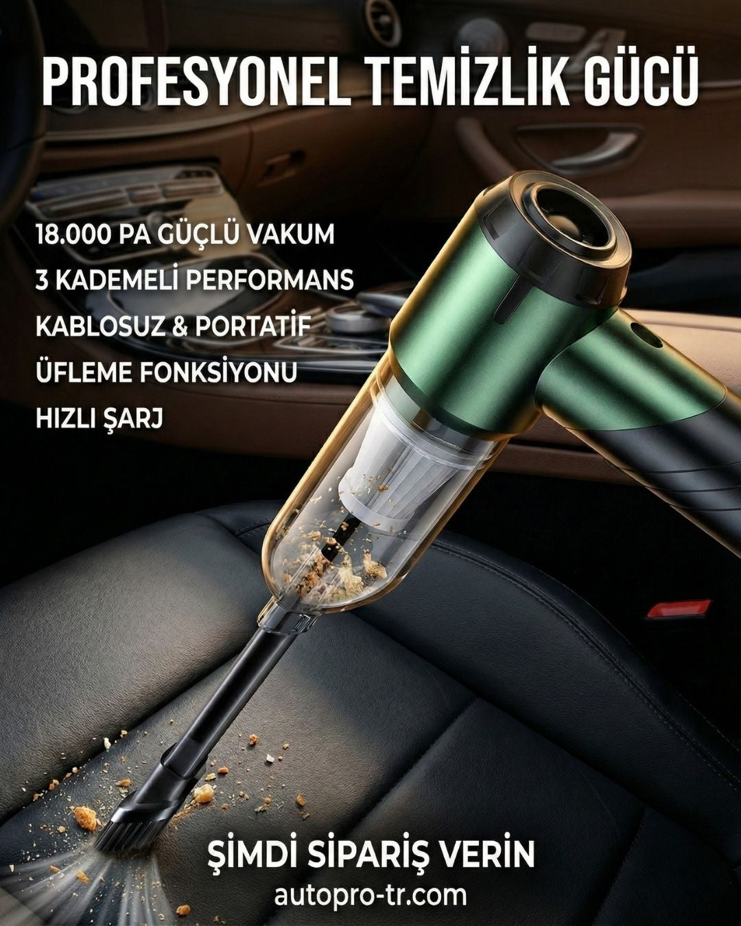 AutoPro® Premium Şarjlı Araç Süpürgesi - 18000pa Güçlü Portatif 3 Kademeli