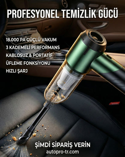 AutoPro® Premium Şarjlı Araç Süpürgesi - 18000pa Güçlü Portatif 3 Kademeli