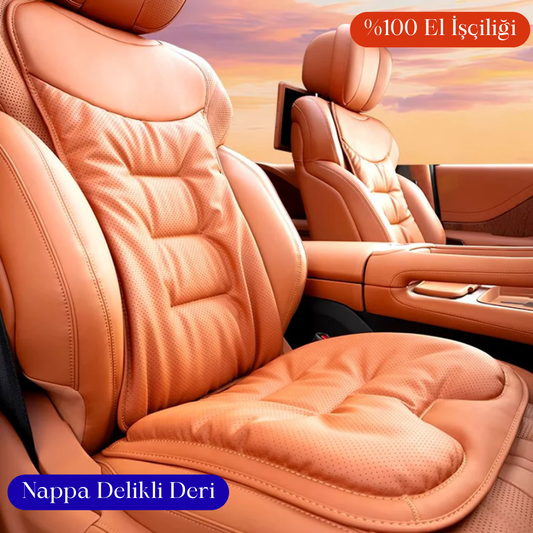 AutoPro® Ön 4 Parça Delikli Nappa Deri Oturma Minderi + Sırt Minderi Seti (Premium-Üst Kalite)