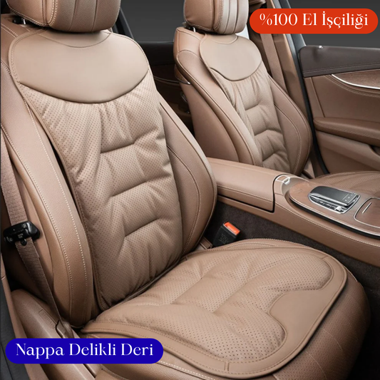 AutoPro® Ön-Arka Delikli Nappa Deri Oturma Minderi + Sırt Minderi Seti (Premium-Üst Kalite)