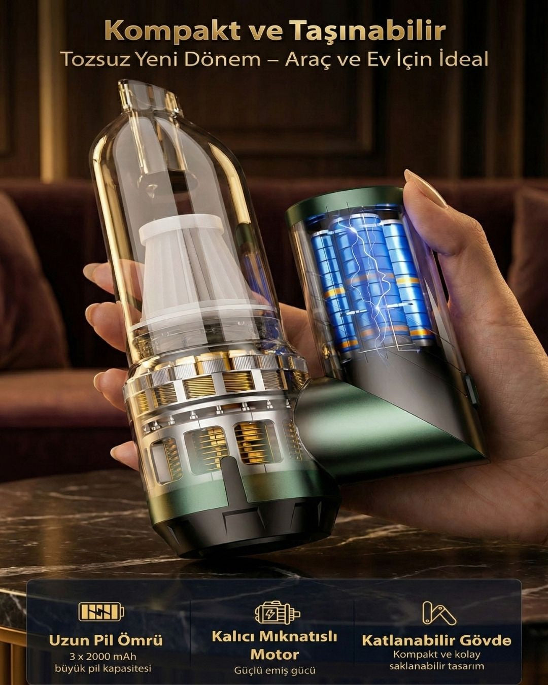 AutoPro® Premium Şarjlı Araç Süpürgesi - 18000pa Güçlü Portatif 3 Kademeli