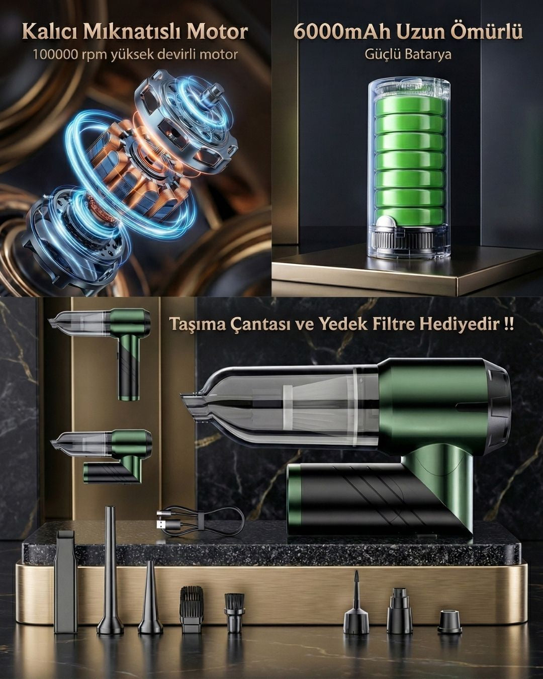 AutoPro® Premium Şarjlı Araç Süpürgesi - 18000pa Güçlü Portatif 3 Kademeli